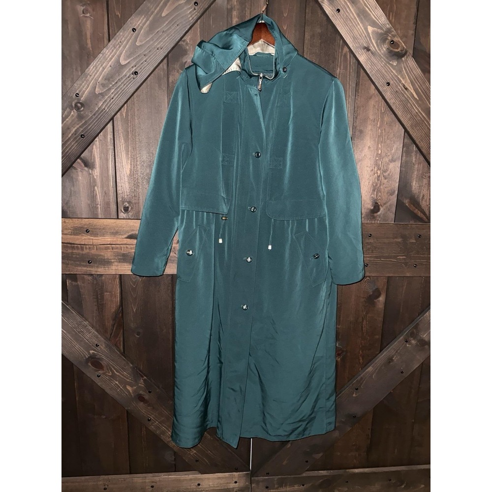 VTG Fleet Street Women's Sz 8 Green Gold Jacket‎ Long Trench Coat Hooded Lined